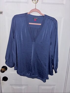 Vince Camuto Dusty Blue Satin V-Neck Blouse